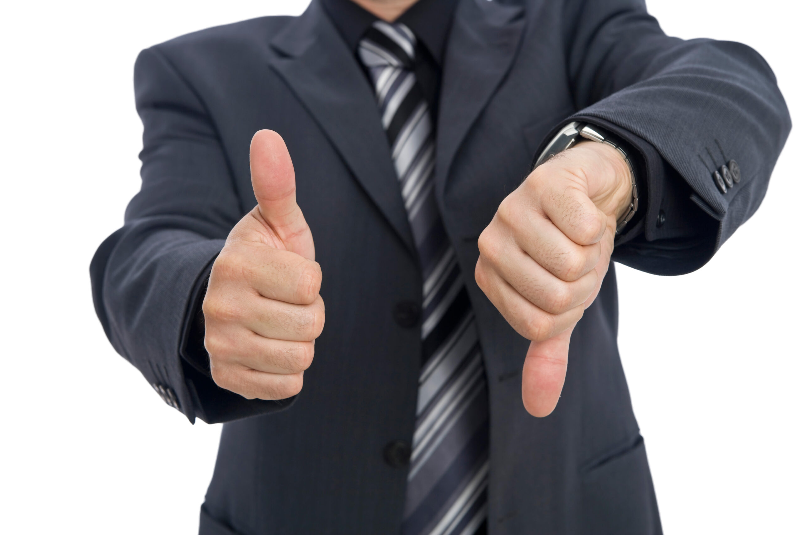 Businessman with one thumb up and one down
